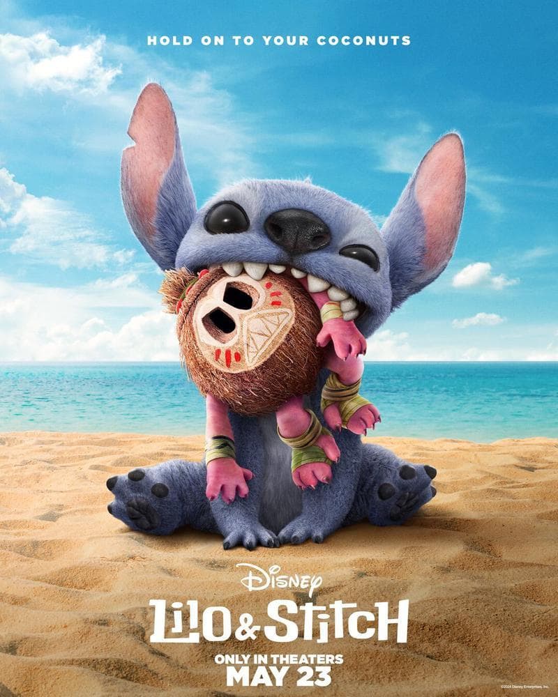 Lilo & Stitch poster with Stitch holding a Kakamora warrior in his mouth on the beach, "Hold on to your coconuts."