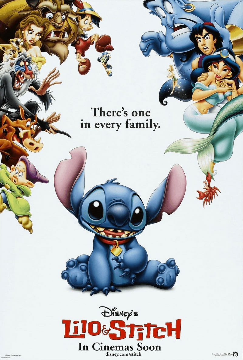 Lilo & Stitch animate poster with Stitch sitting in between iconic Disney characters