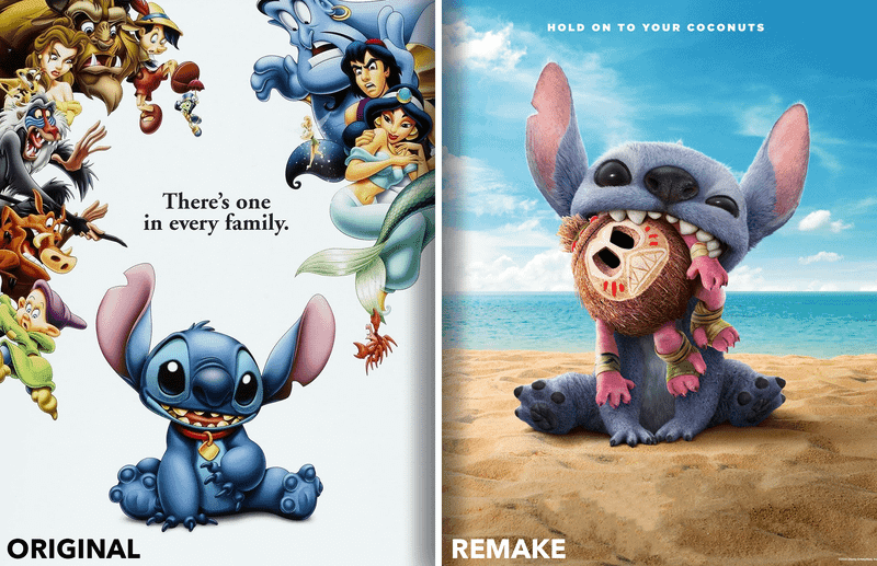 original animated Lilo & Stitch poster next to live-action Lilo & Stitch poster