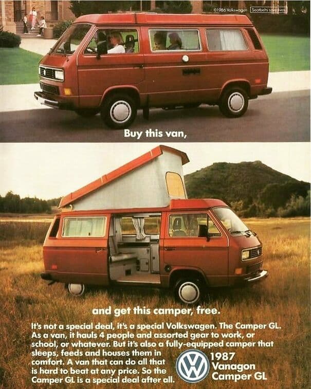 1987 Volkswagen Vanagon Camper GL vintage ad illustrating changing and enduring values in classic vehicle marketing.