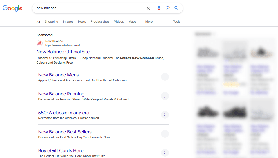 Screenshot of Google Search for 'new balance'